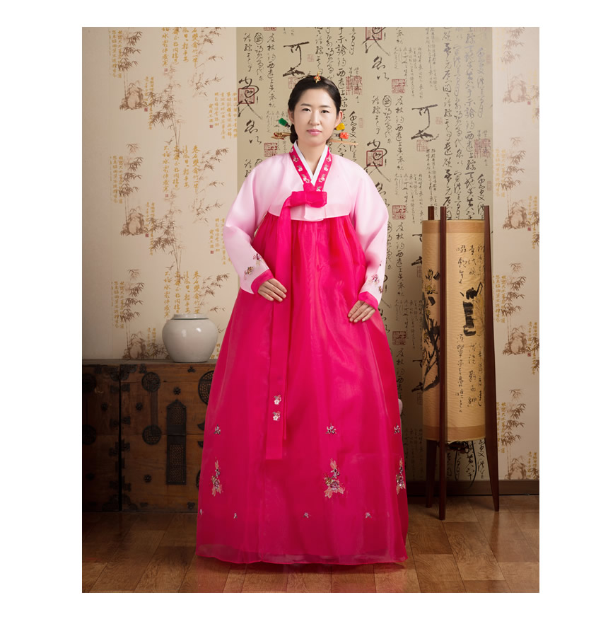 チマチョゴリ（韓国民族衣装）5002-3（薄ピンク×赤）Mサイズ 